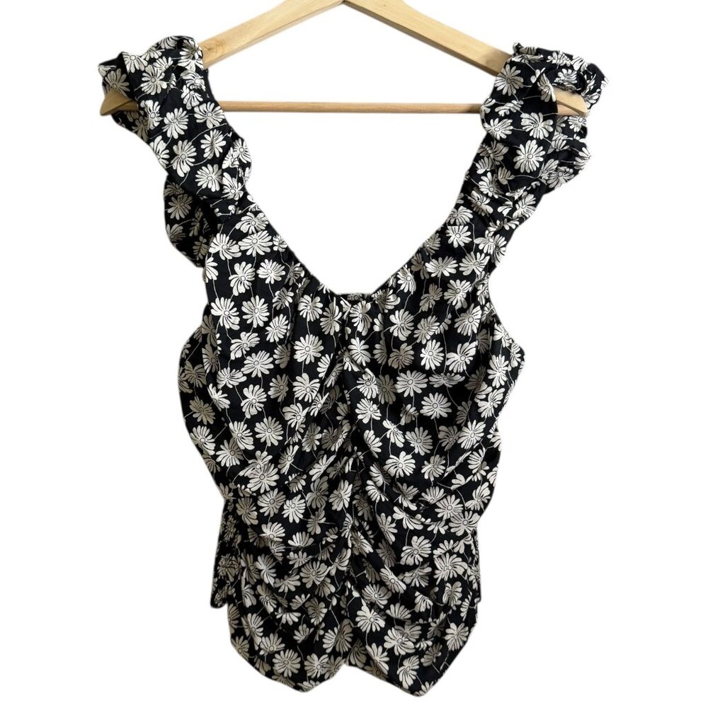Gap Sleeveless Floral‎ Ruched Smocked Tank Black Medium Romantic Feminine